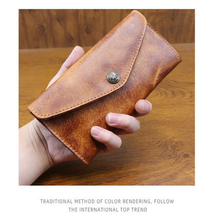 Genuine Leather Retro Men Handmade Wallet Handbag High Quality Phone Pocket Simple Card Bag Big Capacity Male Purses