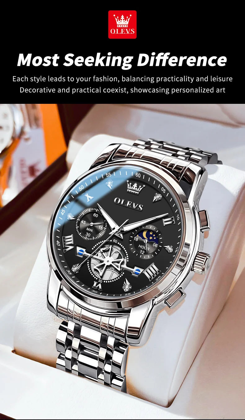 OLEVS Men's Watches Classic Multifunctional Flywheel Chronograph Original Quartz Wristwatch Moon Phase 24 Hour Waterproof Reloj