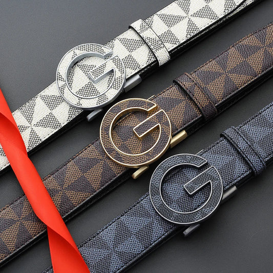 Men's Luxury Automatic Buckle Belt Classic Triangle Pattern PU Leather Business Casual Waistband for Jeans