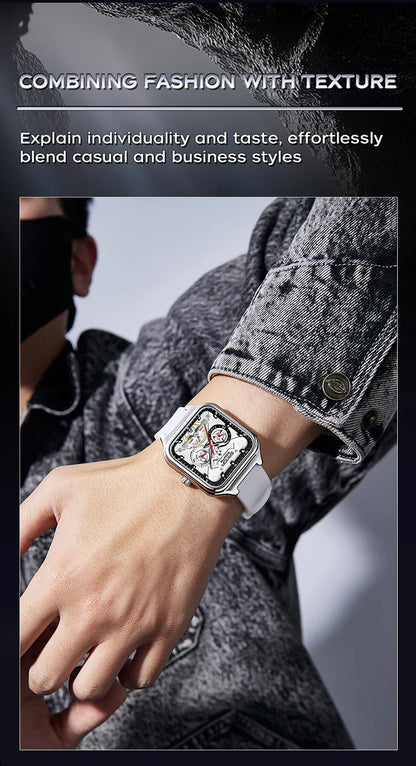 SANDA New Casual Men's Square Watches Fashion Hollow Skeleton Luminous 5ATM Waterproof Multifunction Chronograph Quartz Watch