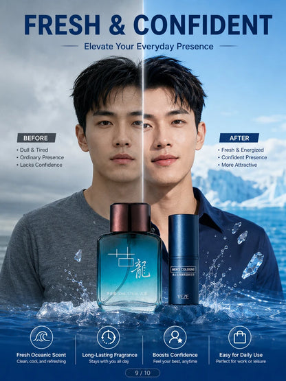 2Pcs Men Cologne Set Ocean Fresh Spray Perfume & Solid Cologne Long Lasting Portable Fragrance Gift for Him Travel Daily