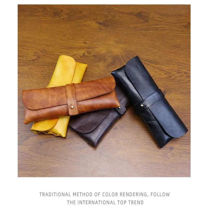 Genuine Leather Men Pencil Bag Handmade Wallet Large Capacity Retro Glasses Storage Bag Stationery Pencil Case Unisex Purses