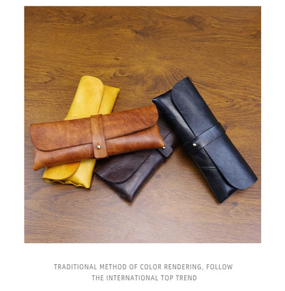 Genuine Leather Men Pencil Bag Handmade Wallet Large Capacity Retro Glasses Storage Bag Stationery Pencil Case Unisex Purses