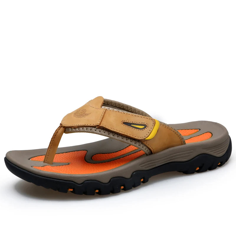 Men Sport Thong Slippers Genuine Leather Upper Adjustable Hook Loop Shock Absorb Anti Slip MD Sole Daily Beach Casual Flip Flops
