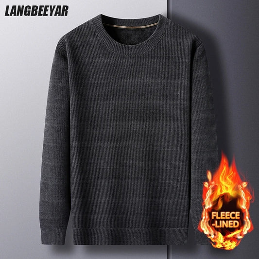 Fleece-Lined Knitted Pullover Sweater Casual Jumper for Men Insulated Warm Long Sleeve Thick Material Round Neck Design