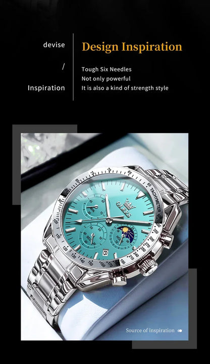 OLEVS 3618 Waterproof Luminous Date Moon Chronograph Wristwatches Mens Luxury Stainless Steel Quartz Watch for Men Reloj Hombre