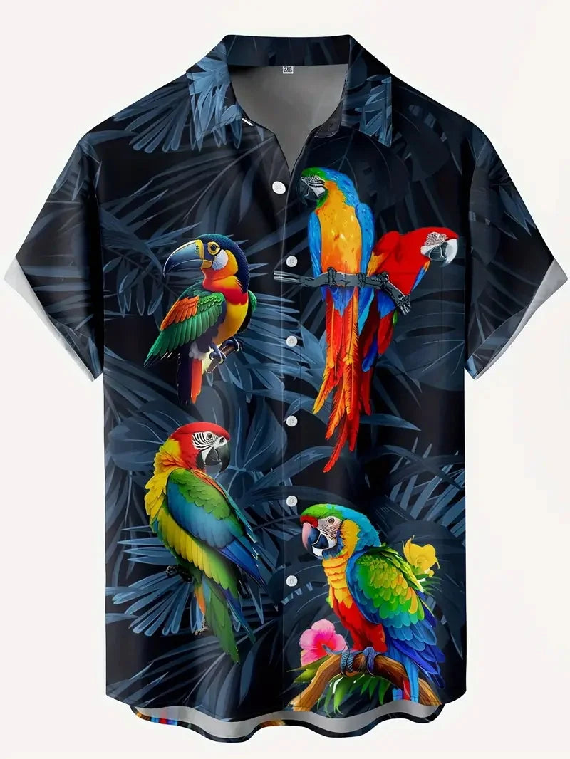 Men's vibrant parrot floral print Hawaiian shirt, men's summer vacation casual short-sleeved button-up beach shirt