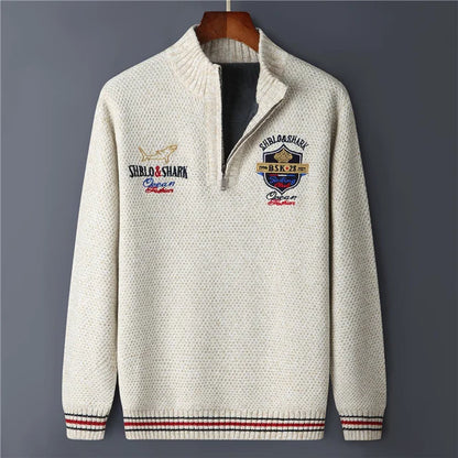 Men's Fleece Warm Half Zip Pullover Knitted Sweater Vintage Letter Print Cotton Coat Red/Black Winter Fashion