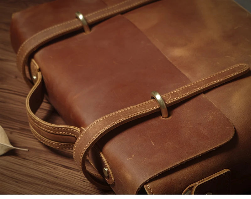 NUKA Men's Leather Handbag Vintage Business Briefcase Crazy Horse Cowhide Messenger Bag Deluxe Shoulder Bag For 15.6 Inch Laptop