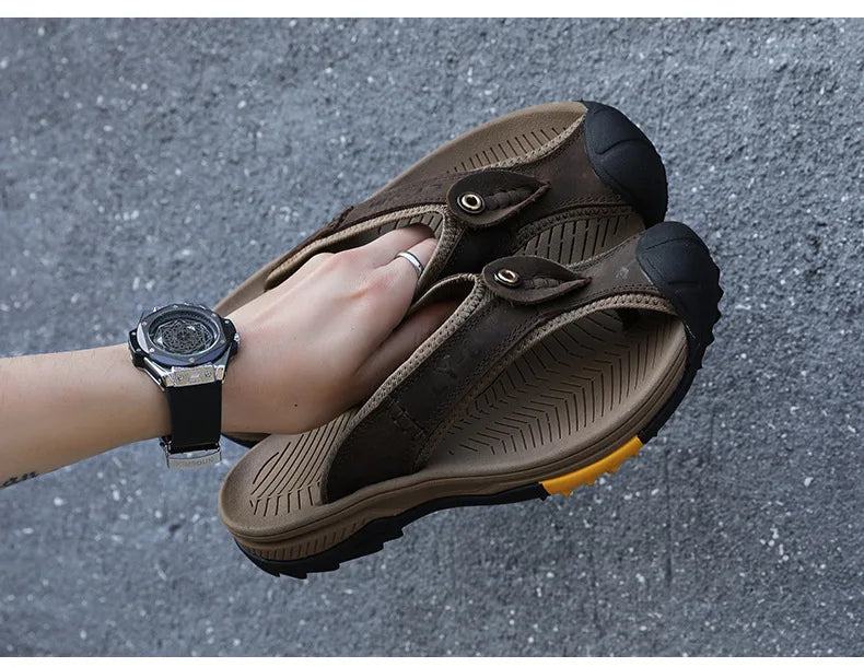 Genuine Cow Leather Shoes Men Sandals Flip Flops Men's Casual Shoes Classic Massage Men Beach Slippers Anti-slip Summer 2025 New