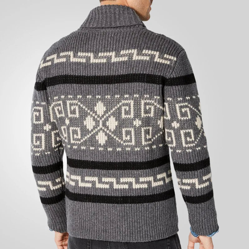 Men's Geometric Knit Cardigan Shawl Collar Full Zip-Up Tribal Print Sweater Chunky Ribbed Knit Vintage Navajo-Inspired Jacket