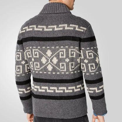 Men's Geometric Knit Cardigan Shawl Collar Full Zip-Up Tribal Print Sweater Chunky Ribbed Knit Vintage Navajo-Inspired Jacket