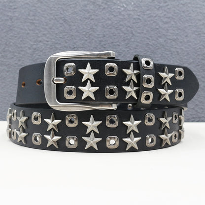 Rock Genuine Leather Luxury Punk Belt Jeans Heavy duty Hollow manual  Designer Brand Belt Men Rivet Three-pin buckle Belt Male