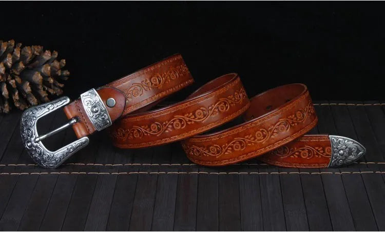High Quality Court Style Embossed Western Cowboy Steel Buckle Belt Genuine Leather Designer Men Belt Punk Jeans Belts For Men