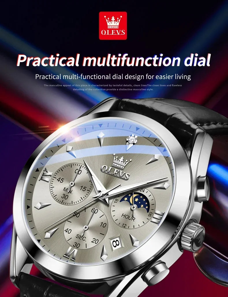 OLEVS 3609 Original Moon Phase Chronograph Watch for Men Leather Waterproof Luminous Luxury Quartz Mens Wristwatches Reloj Mujer