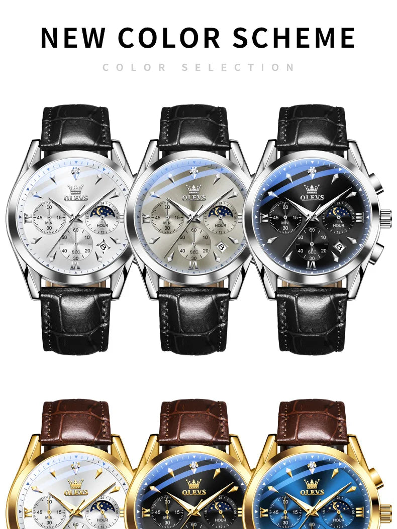 OLEVS Luxury Men's Watches Leather Strap Waterproof Luminous Chronograph Moon Phase Man Watch Top Original Quartz Watch for Men