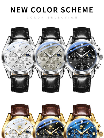 OLEVS Luxury Men's Watches Leather Strap Waterproof Luminous Chronograph Moon Phase Man Watch Top Original Quartz Watch for Men