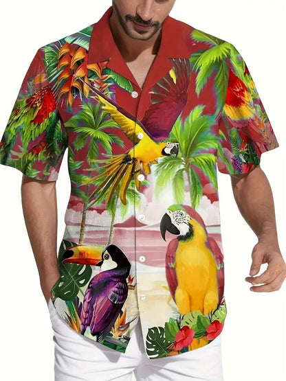 Men's vibrant parrot floral print Hawaiian shirt, men's summer vacation casual short-sleeved button-up beach shirt