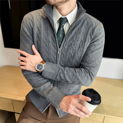 Men's Sweater Autumn Winter New Slim Fit Stand Collar Zipper Knitted Cardigan Fashion Solid Color Warm Stretch Knit Tops Coats