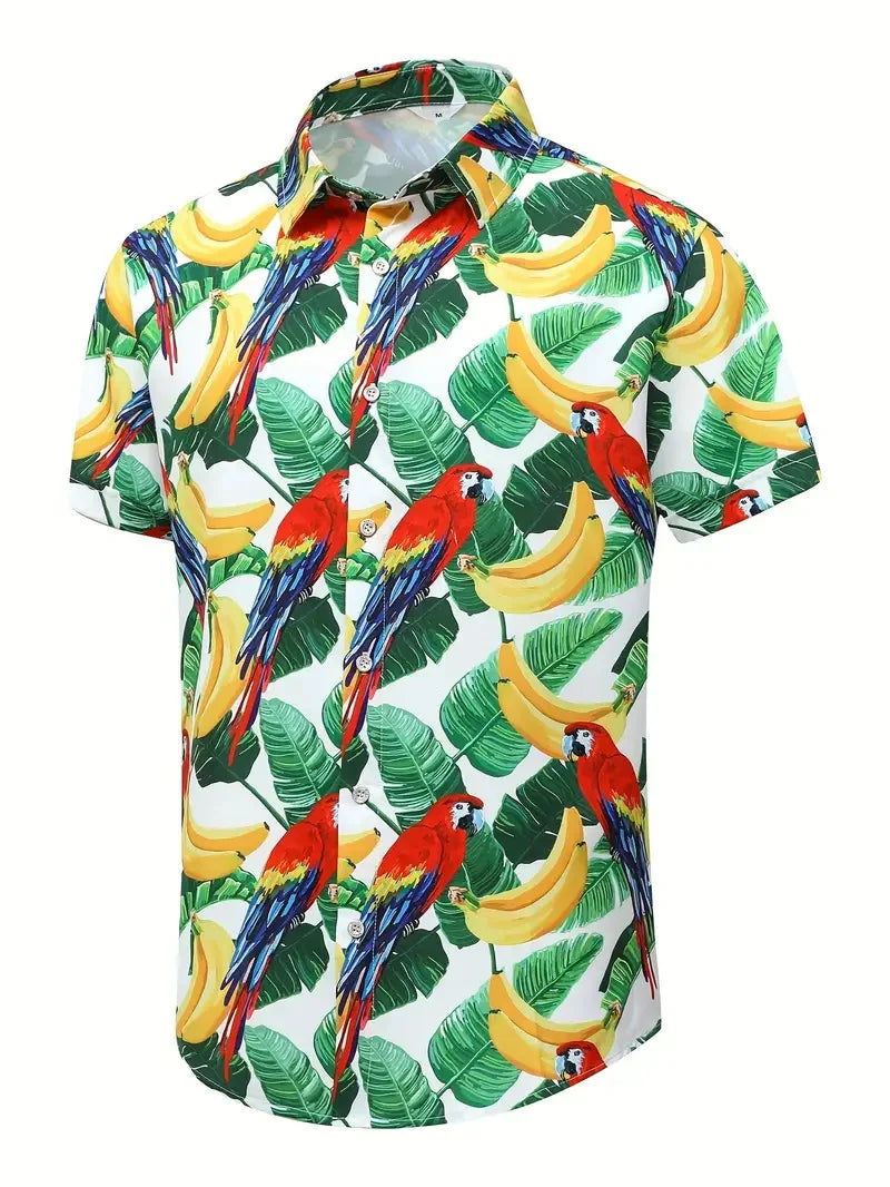 Men's vibrant parrot floral print Hawaiian shirt, men's summer vacation casual short-sleeved button-up beach shirt
