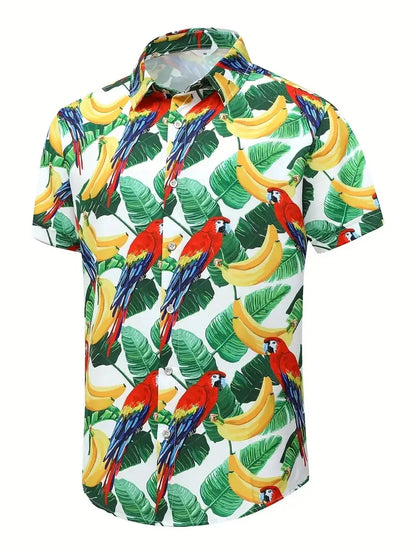 Men's vibrant parrot floral print Hawaiian shirt, men's summer vacation casual short-sleeved button-up beach shirt