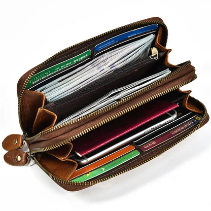 Luufan Vintage Crazy Horse Leather Men Women Long Purse Wallet Credit Card Double Zip Wallets Long Wallet Male Clutch Purse