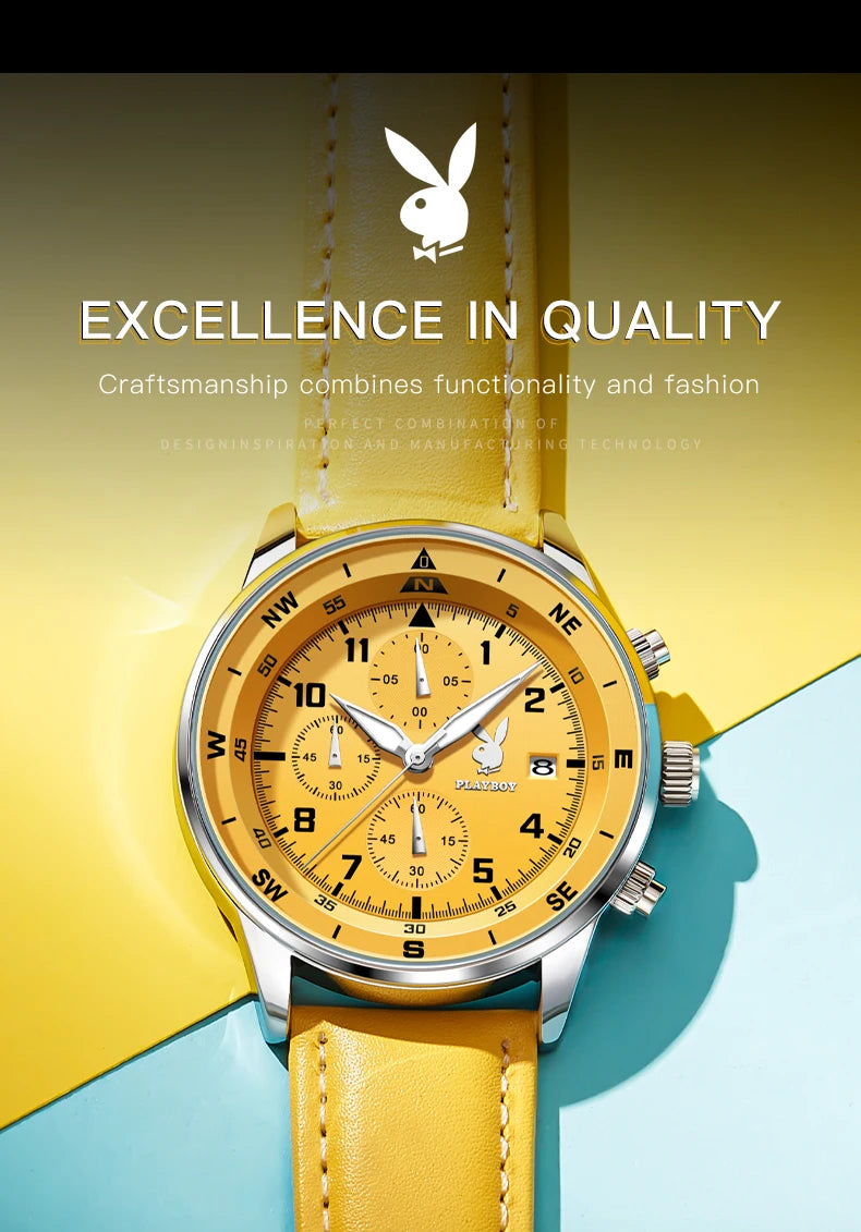PLAYBOY Luxury Quartz Men's Watches Fashion Casual Leather Strap Sports Chronograph Wristwatch Original Waterproof Watches 3303