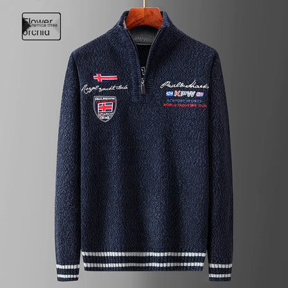 White Sweater Male Knitwear Shark Clothing Cotton Wool Jumpers Pullover Coats Jacquard Christmas Knitted Half Turtleneck Zip