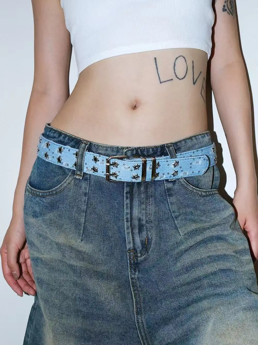 1Pc Fashion Luxury Belt Black Punk Accessories Blue Denim Girdle HipHop Y2k Star Hollowed Pin Buckle Waistband，For Men Women