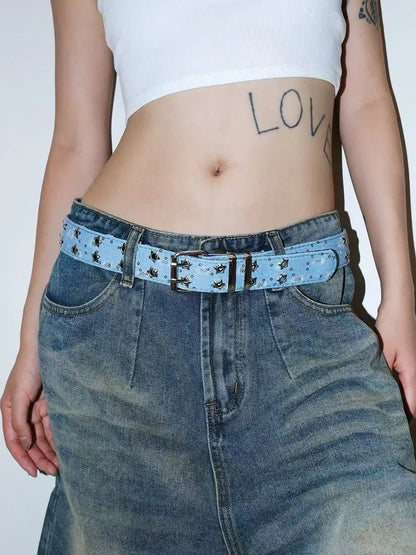 1Pc Fashion Luxury Belt Black Punk Accessories Blue Denim Girdle HipHop Y2k Star Hollowed Pin Buckle Waistband，For Men Women