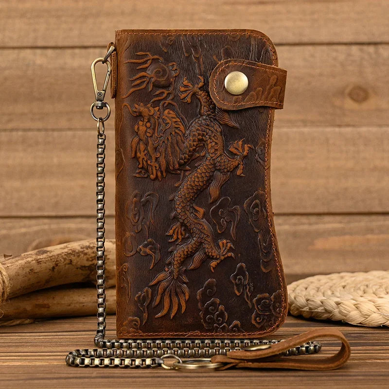 Men's Genuine Leather Wallet Chain Snap Bifold Purse Crazy Horse Leather Card Case Phone Card Holder Clutch Dragon Wallet