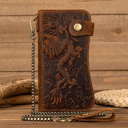 Men's Genuine Leather Wallet Chain Snap Bifold Purse Crazy Horse Leather Card Case Phone Card Holder Clutch Dragon Wallet