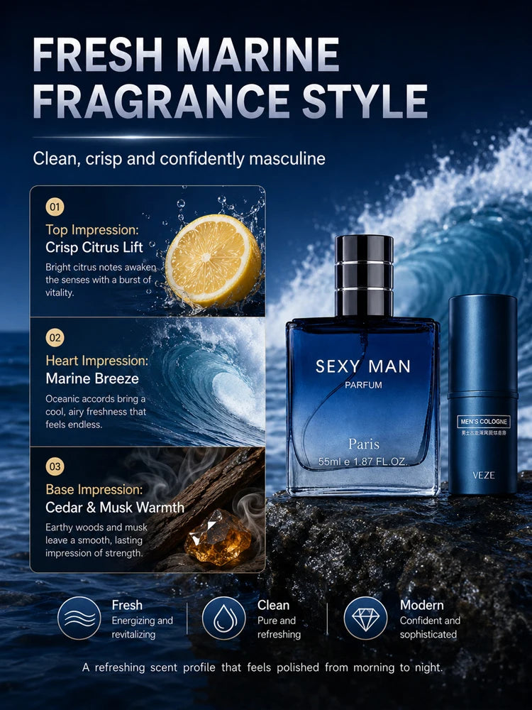 2PCS Men's Cologne Set No Box Long Lasting Fresh Marine Perfume Spray + Solid Cologne Portable Travel Gift for Men