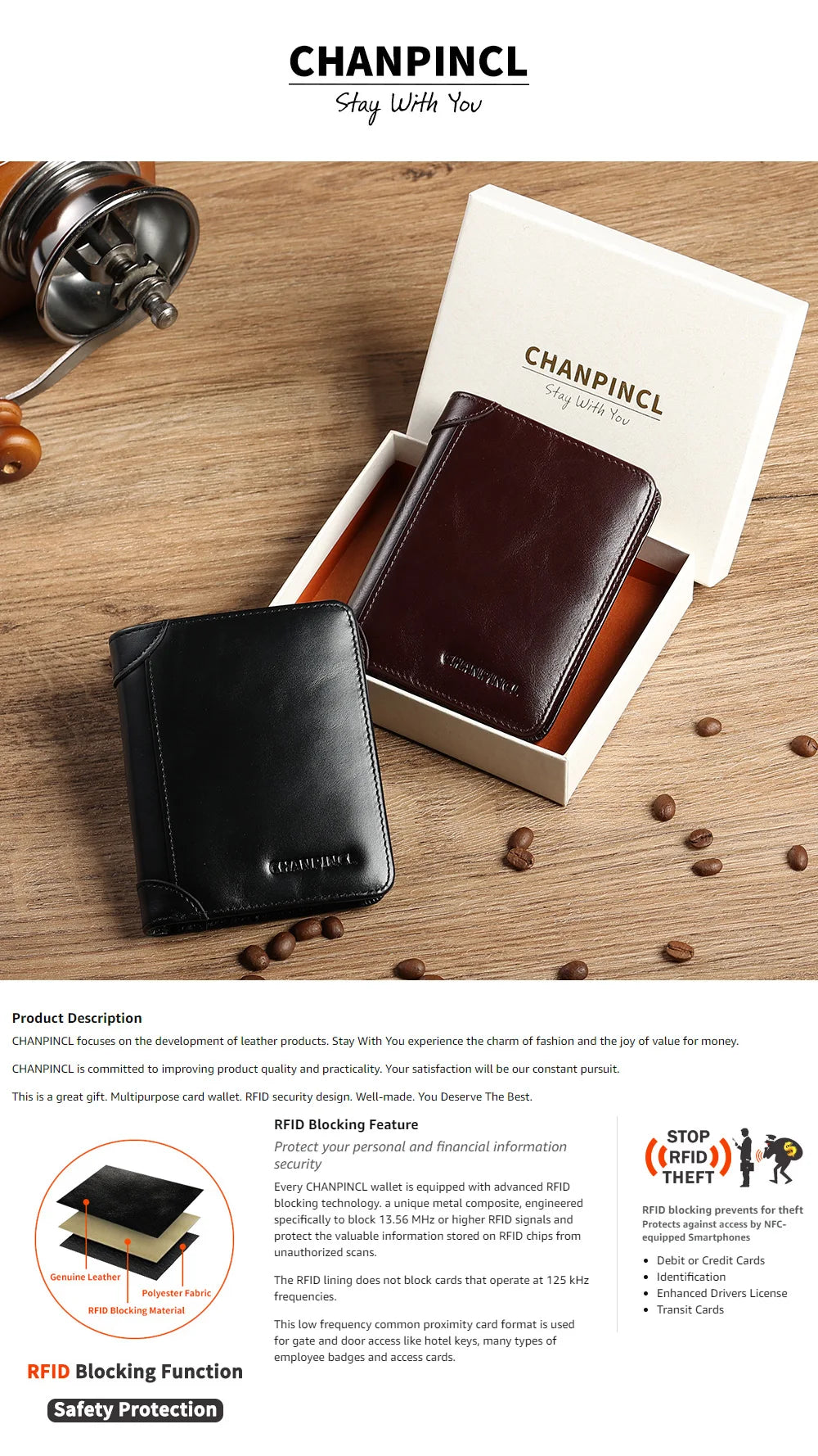 CHANPINCL Men's Italian Top-Grain Cow Leather Slim Tri-Fold Vertical Wallet – Multi-Card, RFID Blocking & Gift Box