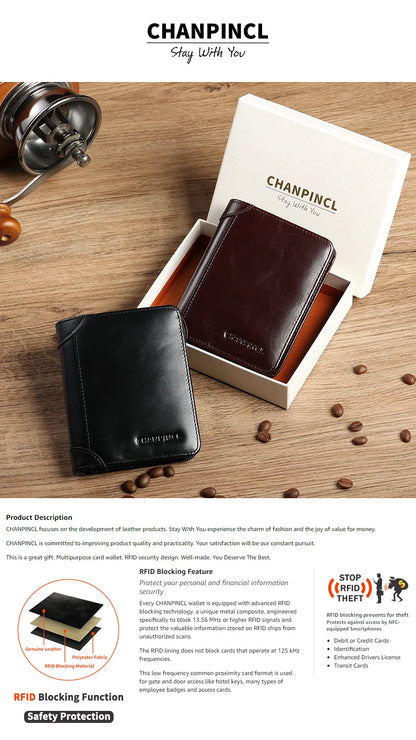 CHANPINCL Men's Italian Top-Grain Cow Leather Slim Tri-Fold Vertical Wallet – Multi-Card, RFID Blocking & Gift Box