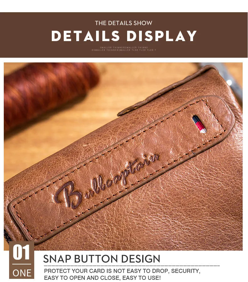 BULLCAPTAIN retro leather men's wallet leather zipper buckle short money wallet card holder coin purse RFID wallet QB06