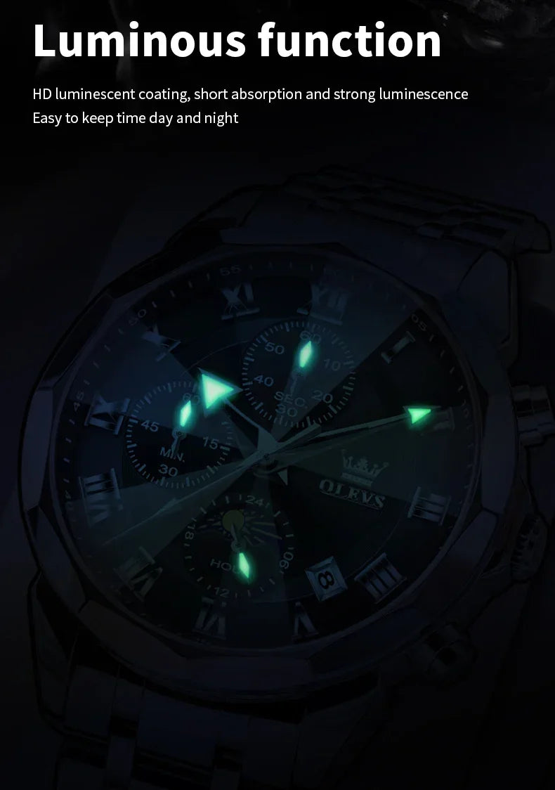 OLEVS 3675 Luxury Calendar Stainless Steel Quartz Mens Wristwatches Chronograph Waterproof Watch for Men Luminous Reloj Hombre
