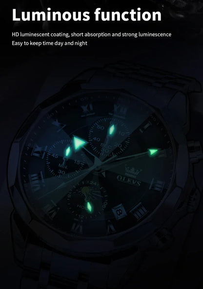 OLEVS 3675 Luxury Calendar Stainless Steel Quartz Mens Wristwatches Chronograph Waterproof Watch for Men Luminous Reloj Hombre