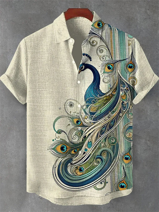 Men's Cat Patterned Black Crane Short Sleeved Shirt, Linen Retro Green Top, Fashionable Lapel Top, Retro Art