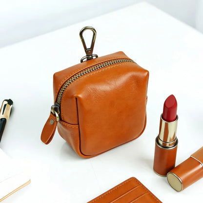Men's Coin Purse, Genuine Leather Mini Coin Wallet Zipper Pocket with Back Belt Loop Lanyard, Lightweight Keychain Pouch for Men