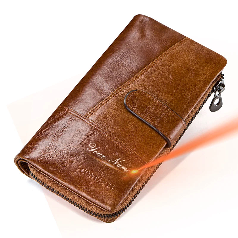 CONTACTS Genuine Leather Men Wallet Long Vintage Bifold Men's Wallet Zipper Coin Purses Large Capacity Money Clips Card Holder