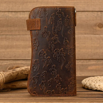 Men's Genuine Leather Wallet Chain Snap Bifold Purse Crazy Horse Leather Card Case Phone Card Holder Clutch Dragon Wallet