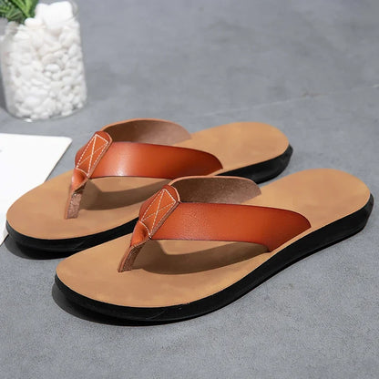 2023 New Italian Leather Flip-flops For Men Cool Beach Summer Shoes Hotel Slippers Man Big Size 47 Light Flats Luxe Men's Shoes