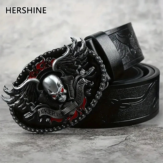 HERSHINE Men's Vintage Embossed Leather Belt (1 Piece), Skull Ghost Buckle, Y2K Gothic Punk Rock Hip Hop Accessory，spring，summer