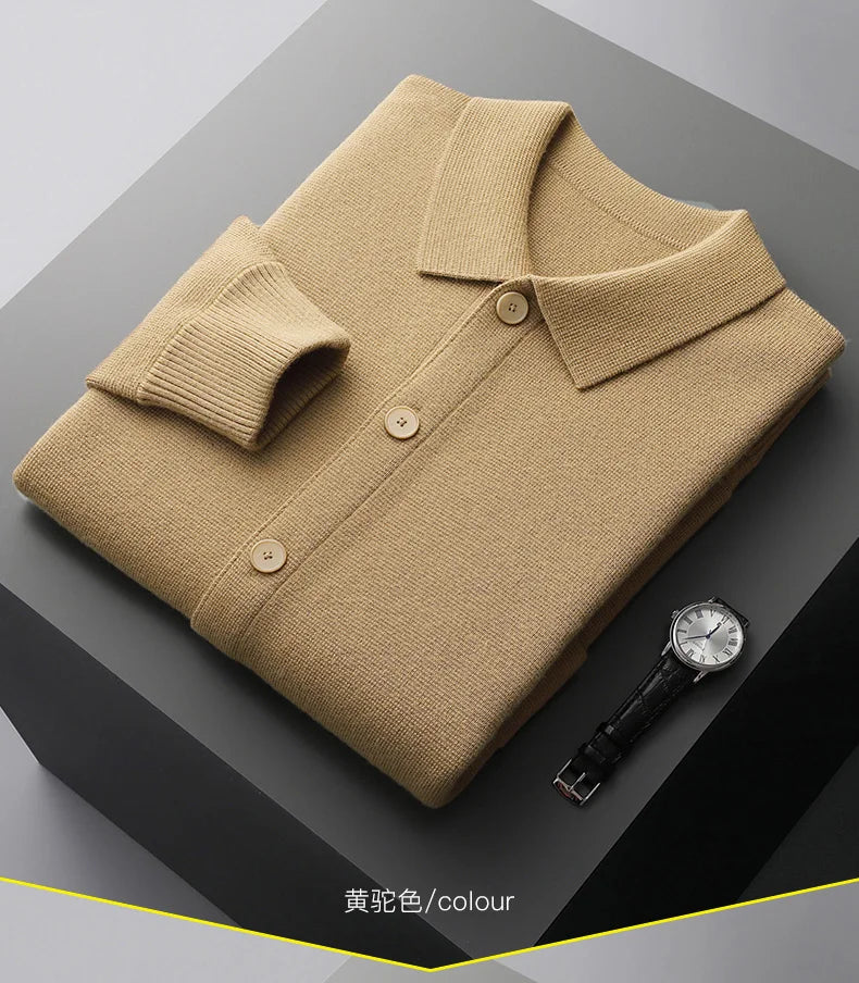 Autumn And Winter 100% Cashmere Cardigan Men's POLO Collar Coat Knitted Baseball Uniform Jacket Bottoming Wool Sweater