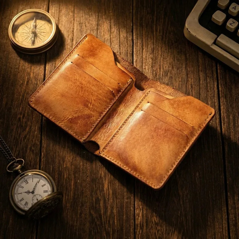 Retro Handcrafted Genuine Leather Small Wallet for Men, Vintage Durable EDC Card Holder, Men Multi-card Slots Organizer Wallet