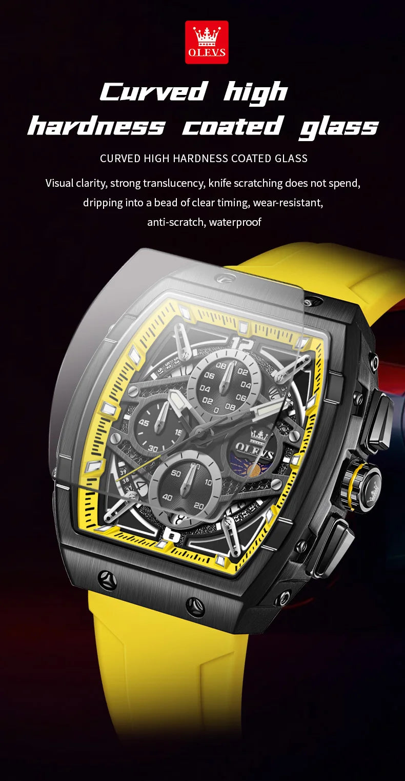 OLEVS 2975 Men's Watches Hollowed Quartz Wristwatch Silicone Strap Tonneau Large Dial Design Waterproof Luminous Watch for Men