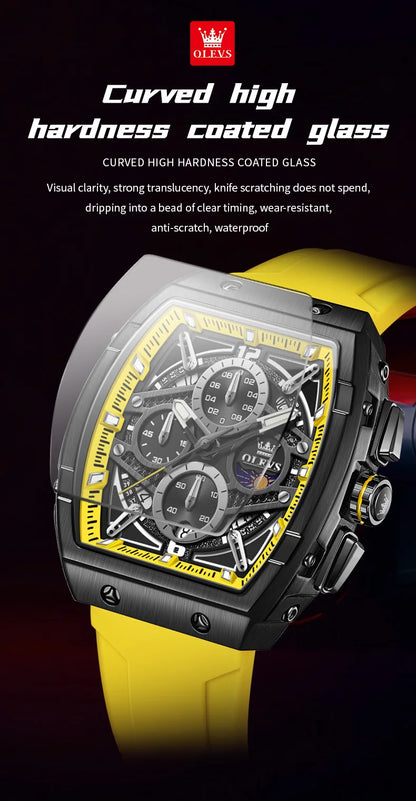 OLEVS 2975 Men's Watches Hollowed Quartz Wristwatch Silicone Strap Tonneau Large Dial Design Waterproof Luminous Watch for Men