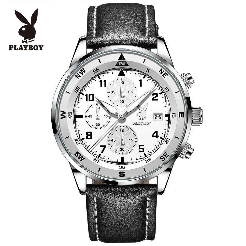 PLAYBOY Luxury Quartz Men's Watches Fashion Casual Leather Strap Sports Chronograph Wristwatch Original Waterproof Watches 3303
