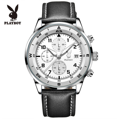 PLAYBOY Luxury Quartz Men's Watches Fashion Casual Leather Strap Sports Chronograph Wristwatch Original Waterproof Watches 3303